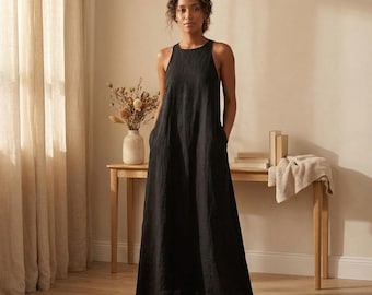 Abito lungo da donna in 100% lino, abito senza maniche in lino, abito lungo fino ai piedi in lino, abito in lino con tasche, abito casual in lino, abito ampio in lino