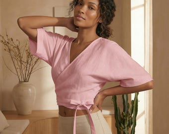 Haut cache-cœur en lin, chemisier cache-cœur en lin, haut kimono en lin, taille personnalisée de chemisier court en lin, chemisier en lin pour femme, haut court en lin, haut en lin grande taille