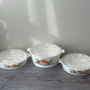 Vintage CorningWare Merry Mushroom B 2.5 B Casserole Dish with Glass Lid, 2.5Quart and B-8.5 B Casserole Dish  1970s Retro Kitchen