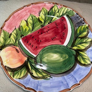 Vintage Hand-Painted Japanese Fruit Plate with Watermelon Peach Decorative Ceramic Serving Plate