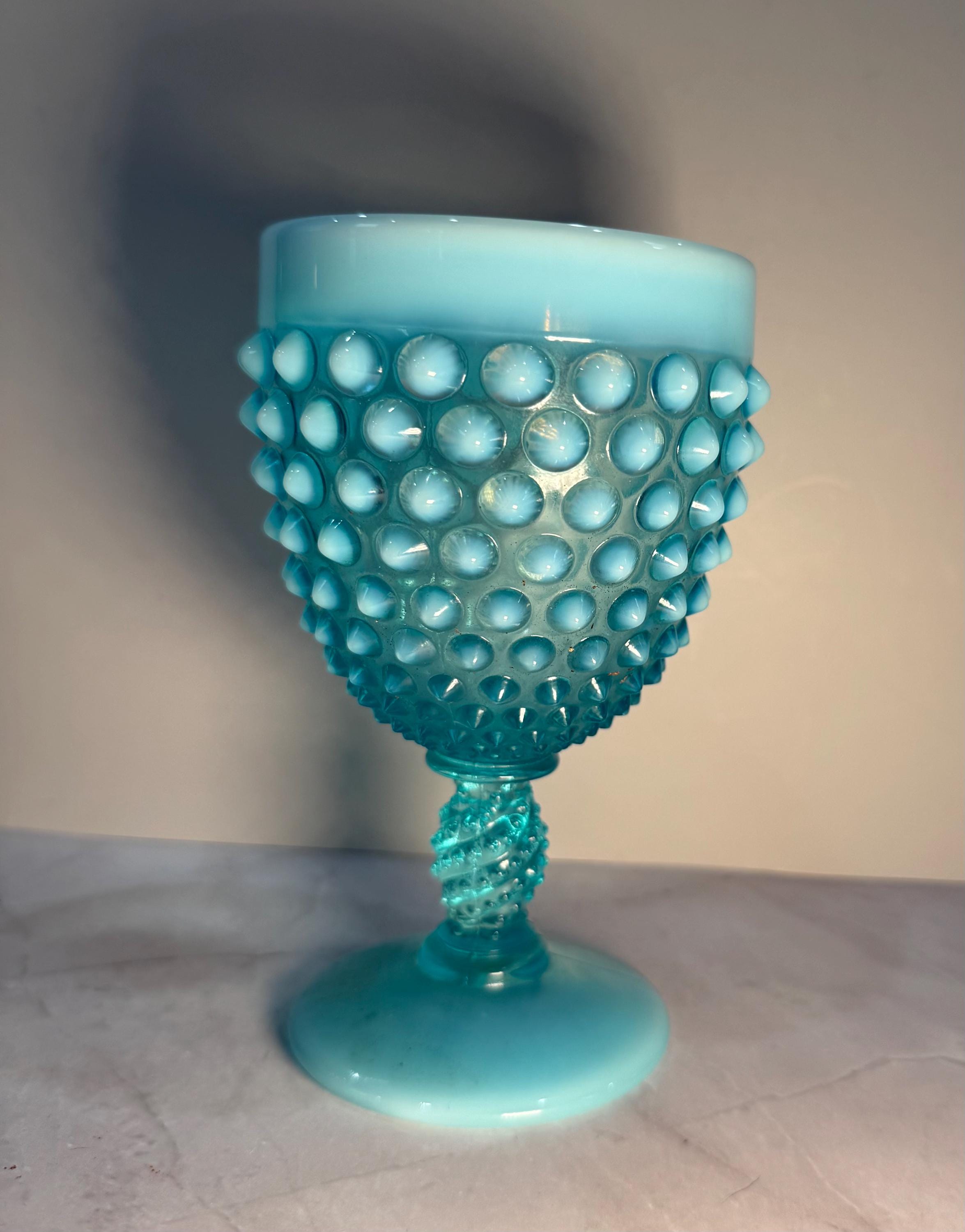 vintage Fenton blue opalescent glass, hobnail pattern crimped 