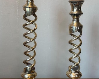 Vintage Brass Barley Twist Candlesticks, Spiral Column Taper Stands (Pair)