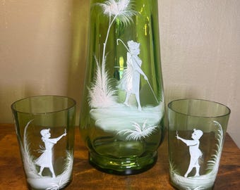 Vintage Green Glass Pitcher and Tumblers | Mary Gregory Style White Enamel Decor
