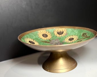 Brass pedestal bowl with hand-painted enamel sunflower decoration.