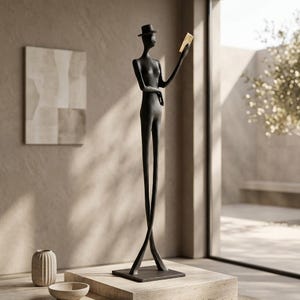 Scultura in ferro raffigurante un uomo che legge / Statuetta in stile europeo per la decorazione di casa e ufficio.