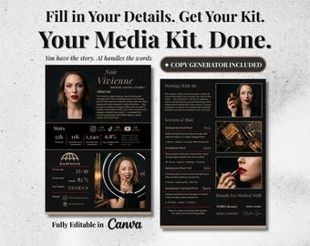 Media Kit Template | Glam Beauty | UGC Creators & Influencers | Canva | Bio and Rate Card | Writing Guide