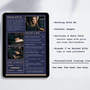 Op de afbeelding: Een presentatie van digitale marketingdiensten weergegeven op een tablet. Het scherm toont een donkerblauwe lay-out met tekst en afbeeldingen, waaronder "Working With Me" en "Services & Rate". De presentatie vermeldt ook merken waarmee is samengewerkt.