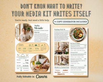 Media Kit Template | Food Recipe | UGC Creators & Influencers | Canva | Bio and Rate Card Writing Guide