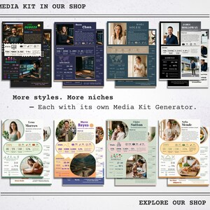 Op de afbeelding: Een verzameling mediakit-sjablonen met diverse ontwerpen en lay-outs. Elke sjabloon bevat een foto van een persoon, statistieken en contactgegevens. De tekst "MEDIA KIT IN OUR SHOP" en "EXPLORE OUR SHOP" zijn zichtbaar. De zin "More styles. More niches" is ook aanwezig.