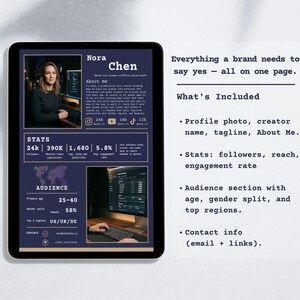 Op de afbeelding: Een digitale tablet toont een profiel met de naam "Nora Chen" en de tekst "Alles wat een merk nodig heeft om ja te zeggen - alles op &eacute;&eacute;n pagina." Het profiel bevat statistieken, demografische gegevens en contactgegevens.