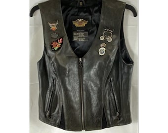Vintage Y2K Harley-Davidson Leather Biker Vest Patches & Pins Womens Sz M