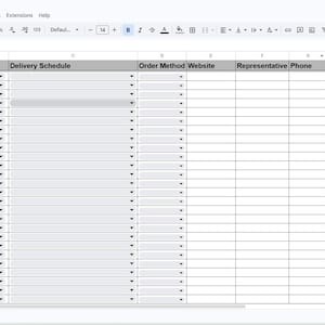 May include: A screenshot of a Google Sheets spreadsheet labelled "Supplier Tracker." The spreadsheet has columns for Supplier, Category, Delivery Schedule, Order Method, Website, Representative Phone, Email, Payment Terms, and Notes. The sheet is mostly blank.