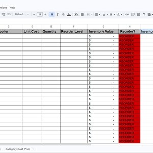 May include: A screenshot of a restaurant inventory tracker spreadsheet. The spreadsheet includes columns for item name, category, supplier, unit cost, quantity, reorder level, inventory value, and reorder status. The reorder column is highlighted in red.