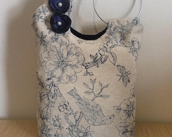 Beige Floral Japanese Knot Bag Variation with Silver Ring Handle | Navy Bird Pattern Tote Bag | Botanical Canvas Handbag | Handmade Wristlet