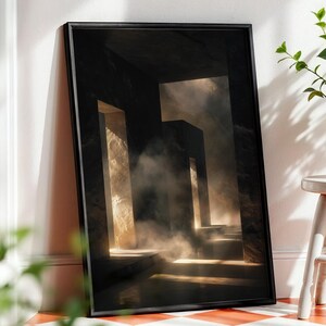 Dark Architectural Abstract Wall Art, Black and Gold Brutalist Print for Modern Interiors