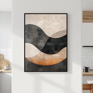 Puede incluir: Impresión artística abstracta de pared con formas onduladas en capas en tonos neutros. La obra de arte incluye tonos de negro, gris, beige y un toque de cobre. La pieza está enmarcada en un borde negro, adecuada para la decoración moderna del hogar.
