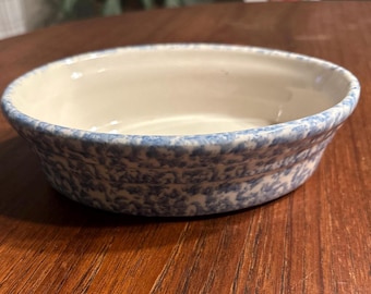 Vintage Blue Spongeware Oval Serving Bowl - Workshops of Gerald Henn / Roseville Style - Farmhouse Stoneware