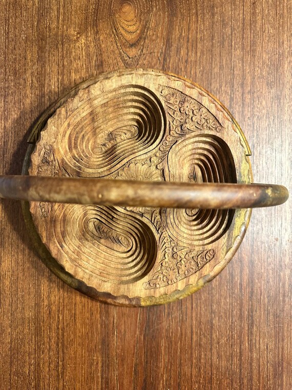 Vintage Hand-Carved Collapsible Wooden Basket | 3-Compartment Fruit Bowl, Trivet, Snack Tray
