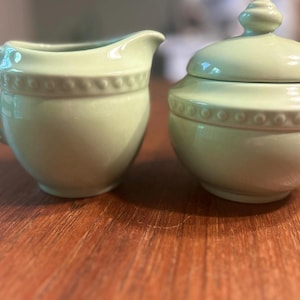 Vintage Gail Pittman Sage Green Stoneware Creamer and Sugar Set – Beaded Border