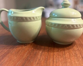 Vintage Gail Pittman Sage Green Stoneware Creamer and Sugar Set – Beaded Border