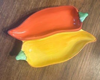Clay Art Ceramic Chili Pepper Divided Dish, Hand-Painted Salsa Bowl, 1990s Fiesta Serving Tray