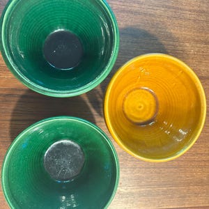 Vintage Rowe Pottery Works Salt Glaze Stoneware Bowls – Yellow, Green Farmhouse Kitchen