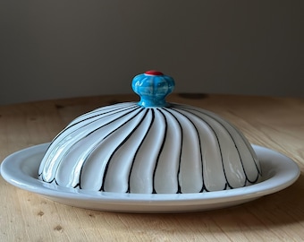 Hand Painted Ceramic Butter Dish | Black White Swirls, Turquoise Blue Finial