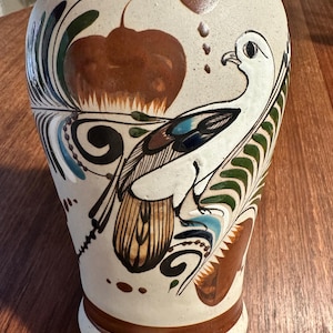 Vintage Tonala Mexican Folk Art Pottery Vase - Hand-Painted Bird & Floral Design - Authentic Artisan Stoneware