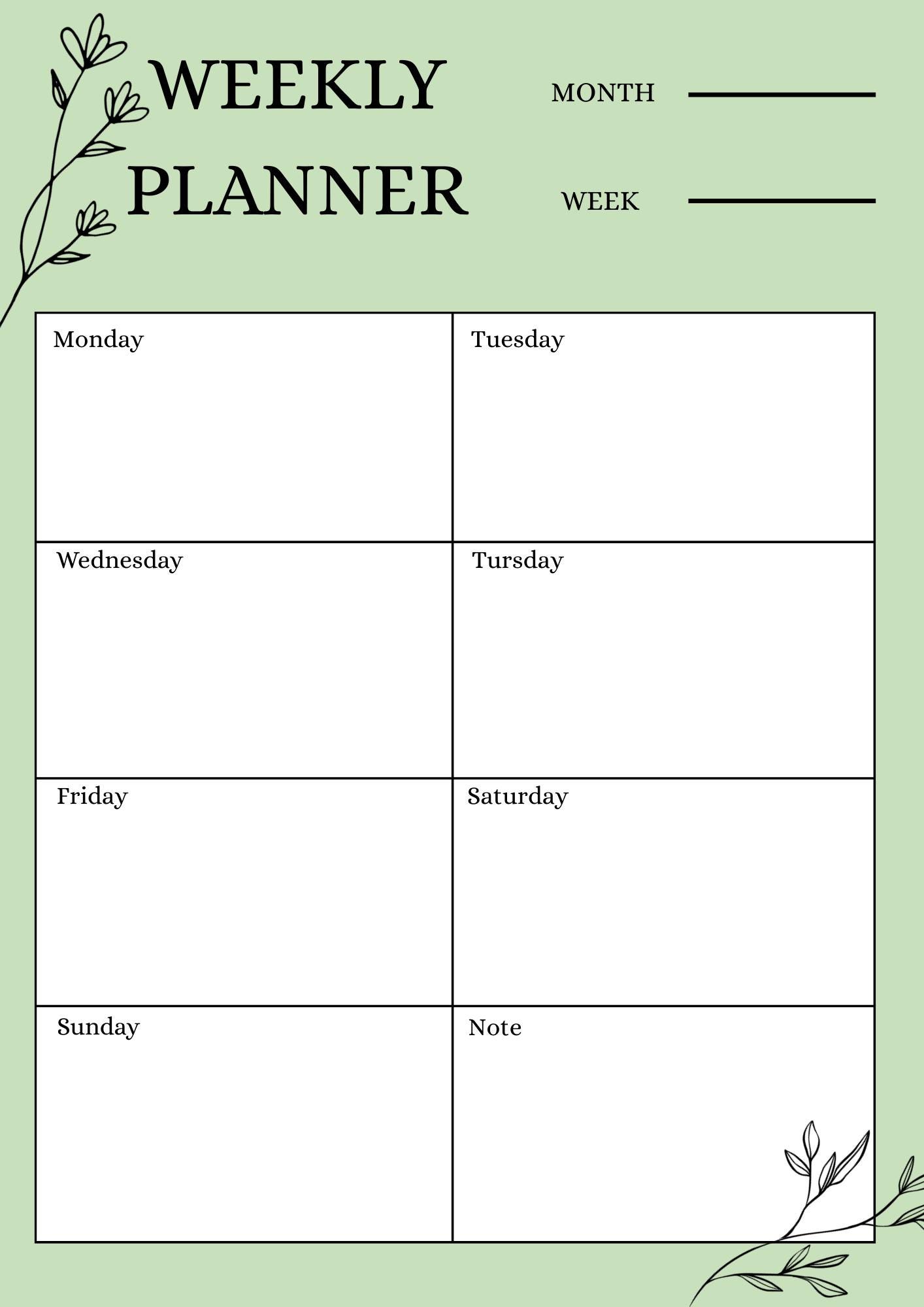 Weekly Planner Printable – Botanical Weekly Planner Template – Sage ...