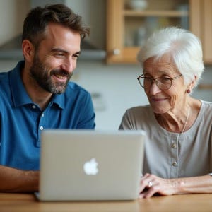 May include: A man and an older woman are looking at a laptop computer. The man is wearing a blue polo shirt, and the woman is wearing a light-colored long-sleeve shirt and glasses. They are sitting at a wooden table in a kitchen.