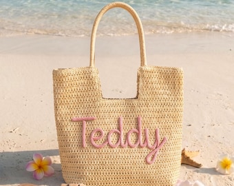 Custom Name Straw Beach Tote Bag,Personalized Summer Vacation Bag for Women,Large Handwoven Basket Bag,Monogrammed Travel Beach Bag,Pool Bag