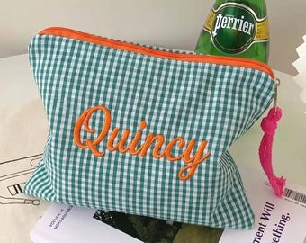 Custom Bridesmaid Makeup Bag | Embroidered Name Seersucker Toiletry Bag | Bachelorette Party Gift | Bridesmaid Proposal Gift