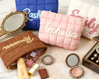 Custom Quilted Makeup Bag, Puffer Embroidered Cosmetic Bag, Personalized Bridesmaid Gift, Monogram Toiletry Pouch, Travel Bag,Gifts for Her