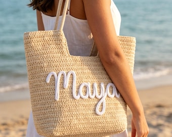 Personalized Bridesmaid Gift Straw Beach Bag, Custom Name Bachelorette Party Tote,Monogrammed Bridal Shower Gift,Summer Wedding Gift for Her