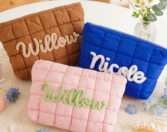 Custom Name Makeup Bag, Personalized Quilted Cosmetic Bag, Embroidered Bridesmaid Gift, Puffer Toiletry Bag, Travel Pouch, Mother's Day Gift