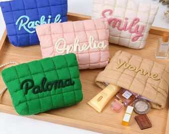 Personalized Mother's Day Gift, Custom Embroidered Makeup Bag, Quilted Cosmetic Pouch, Mama Birthday Gift, Puffer Travel Bag,Bridesmaid Gift