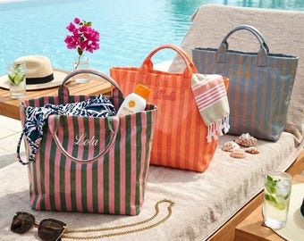 Custom Embroidered Clear Beach Tote, Waterproof PVC Pool Bag, Personalized Bridesmaid Proposal Gift, Bachelorette Party Favor, Striped Bag
