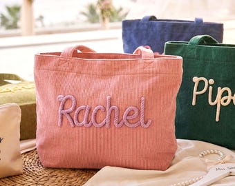 Personalized Corduroy Tote Bag with Custom Embroidered Name, Aesthetic Bridesmaid Gift Bag, Minimalist Work Travel Purse, Large Shoulder Bag