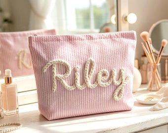 Bridesmaid Proposal Gift, Custom Seersucker Cosmetic Bag, Preppy Chenille Letter Pouch, Bachelorette Party Favors, Summer Travel Bag