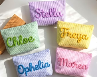 Personalized Seersucker Makeup Bag, Custom Chenille Letter Cosmetic Pouch, Preppy Patch Toiletry Bag, Teen Girl Gift, Summer Travel Case