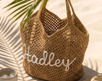 Personalized Bridesmaid Gift Bag, Custom Embroidered Name Tote,Bachelorette Party Favor, Boho Crochet Beach Bag,Monogram Summer Gift for Her