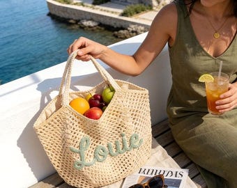 Boho Knitted Shoulder Bag,Handmade Cotton Mesh Market Tote,Custom Name Summer Purse,French Style Beach Bag,Personalized Gift for Her