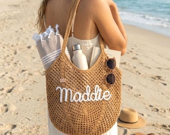 Personalized Bridesmaid Gift Bag, Custom Embroidered Name Tote,Bachelorette Party Favor, Boho Crochet Beach Bag,Monogram Summer Gift for Her