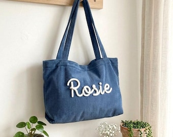 Personalized Corduroy Tote Bag with Custom Embroidered Name, Aesthetic Bridesmaid Gift Bag, Minimalist Work Travel Purse, Large Shoulder Bag
