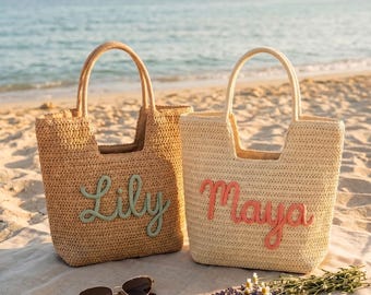 Custom Name Straw Beach Tote Bag,Personalized Summer Vacation Bag for Women,Large Handwoven Basket Bag,Monogrammed Travel Beach Bag,Pool Bag