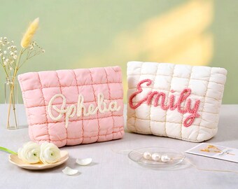 Custom Name Makeup Bag, Personalized Quilted Cosmetic Bag, Embroidered Bridesmaid Gift, Puffer Toiletry Bag, Travel Pouch, Mother's Day Gift