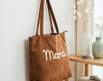 Personalized Corduroy Tote Bag with Custom Embroidered Name, Aesthetic Bridesmaid Gift Bag, Minimalist Work Travel Purse, Large Shoulder Bag