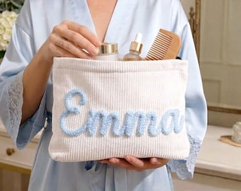 Custom Bridesmaid Makeup Bag, Personalized Wedding Gift, Chenille Letter Toiletry Bag, Bridal Party Pouch, Flower Girl Gift, Maid of Honor