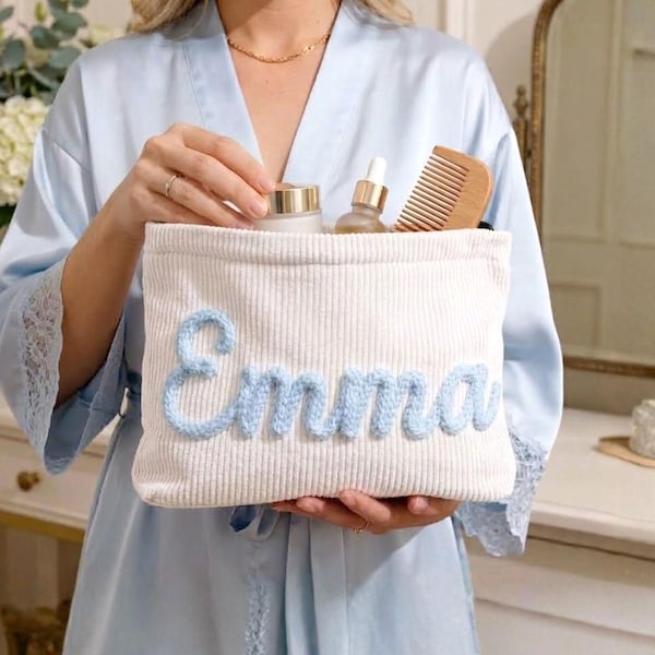 Custom Bridesmaid Makeup Bag, Personalized Wedding Gift, Chenille Letter Toiletry Bag, Bridal Party Pouch, Flower Girl Gift, Maid of Honor