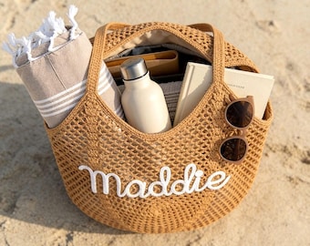 Personalized Crochet Beach Tote Bag, Custom Embroidered Name Bag, Bachelorette Party Favors, Bridesmaid Gift Idea, Summer Vacation Mesh Tote